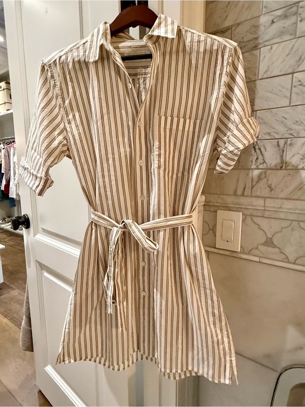 Buck Mason Beige and White Striped Shirt Dress with Tie Waist